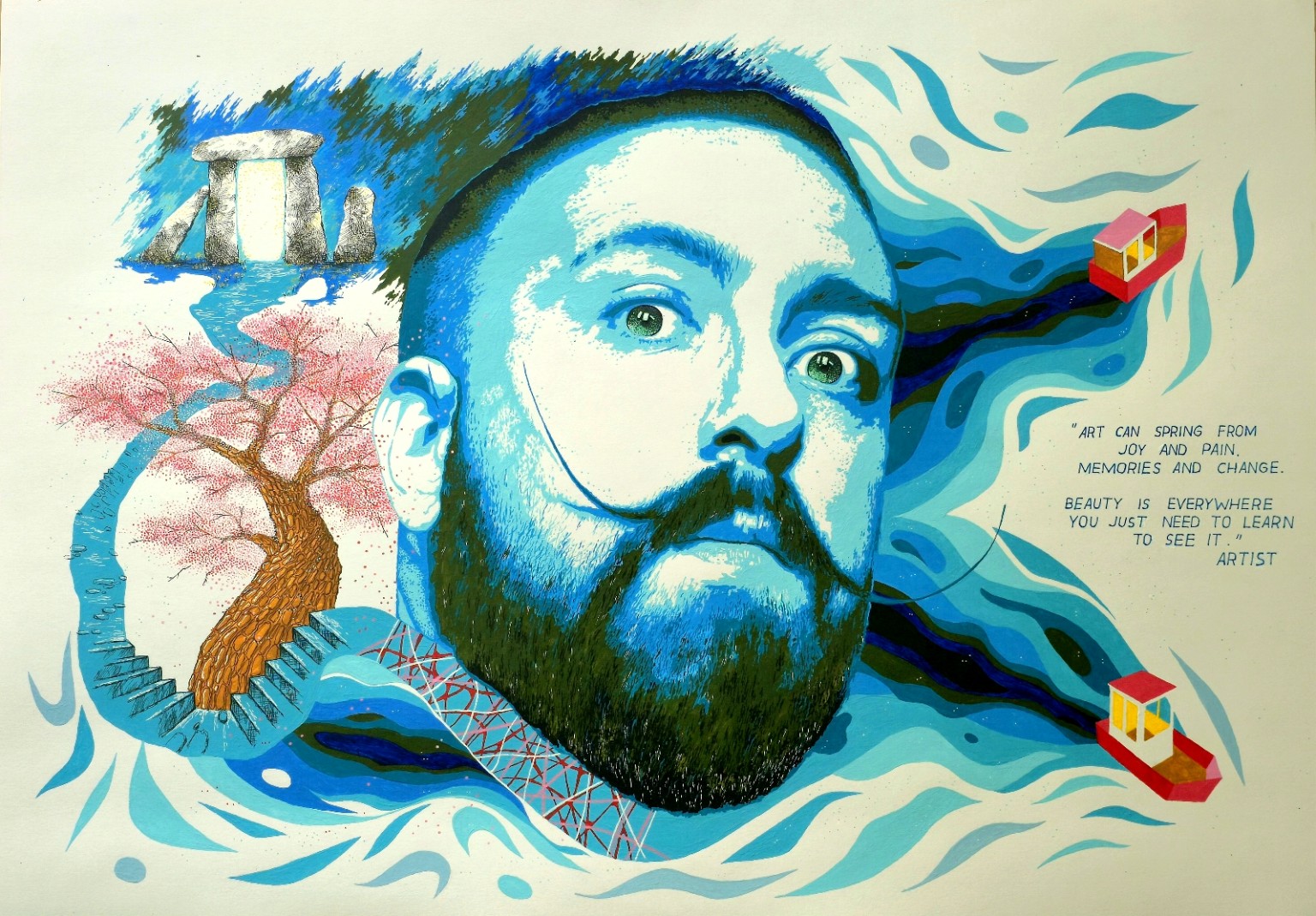 Expressive blue-toned self-portrait with a flowering tree, staircase and flowing abstract forms