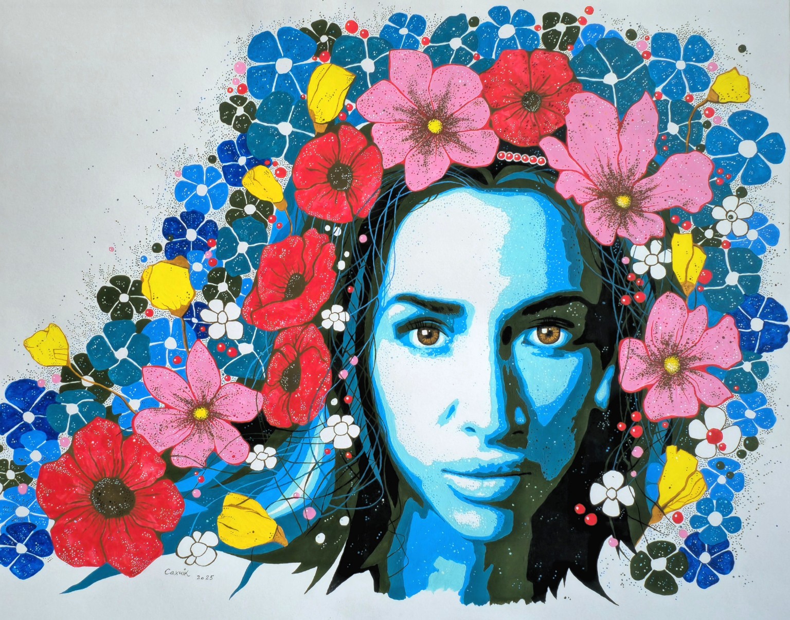 Blue-toned portrait surrounded by vibrant flowers